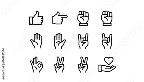 Hand gestures vector icon set. Line symbols collection of thumb up, rock on, peace, love, pointing finger, ok sign. Non-verbal communication graphic elements for web design.