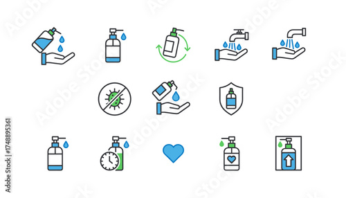 Hand sanitizer and washing hands icon set. Vector illustration of hygiene, disinfection, antibacterial protection and virus prevention. Cleanliness and health concept symbols.