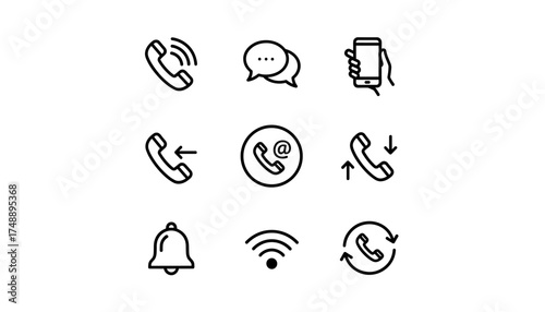 Phone communication line icon set. Vector glyphs for mobile app and web. Includes handset, smartphone, chat bubble, incoming call, notification bell, wifi and contact symbol.
