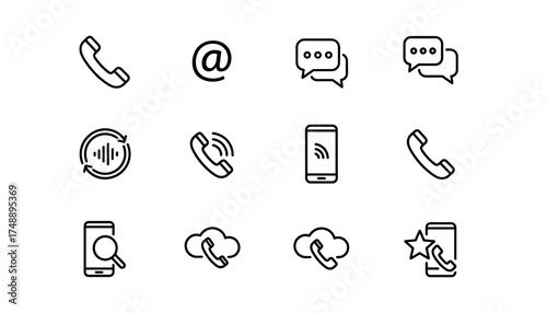 Communication line icon set. Phone, call, contact, chat, and support symbols. Vector icons for smartphone, email, search, cloud calling, and favorite contacts. Simple outline graphic.