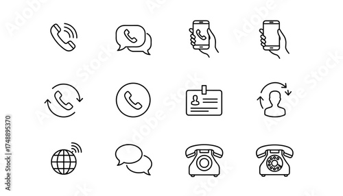 Communication line icon set. Phone call, contact us, and support symbols. Vector collection of telephone, mobile, chat, and callback icons for web and business. Thin outline.