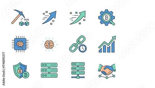 Cryptocurrency and blockchain flat icon set. Vector illustration of hash rate, bitcoin mining, server, security, growth chart, AI, and peer-to-peer network concepts.