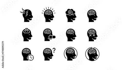 Headache and mental health vector glyph icon set. Concepts of migraine, stress, pain, depression, and psychology. Brain, mind, thinking, and emotional state symbols.