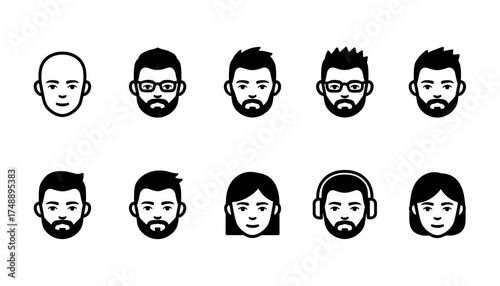 Vector set of people face icons. User avatar glyph collection for profile pictures. Simple flat design character heads for men and women with beards, glasses and headphones.