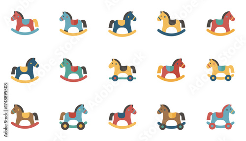 Set of rocking horse toys. Vector flat icon collection. Wooden toy horses with wheels. Childhood, play, fun concept. Cute colorful vintage animal toys for children and kids.