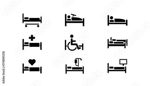 Hospital bed vector icon set for medical and healthcare design. Patient care, treatment, recovery, disability pictogram collection. Clinic, emergency, intensive care symbols.