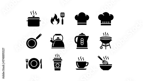 Cooking and kitchen vector icon set. Hot food symbols including pot, pan, barbecue grill, and stove. Chef hat, kettle, coffee cup, and kitchen utensils for restaurant and meal concepts.