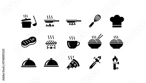 Cooking icons. Food vector set. Kitchen symbol. Hot meal. Chef hat, pot, pan, grill, steak, noodles, pizza, bbq, whisk, ladle. Culinary glyphs. Restaurant menu elements.