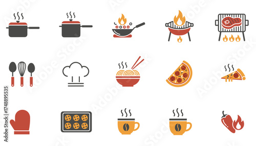 Cooking and food vector icon set. Kitchen utensils, meal preparation symbols. Hot food, barbecue grill, steak, pizza, noodles, coffee. Chef hat, baking cookies, spicy chili.
