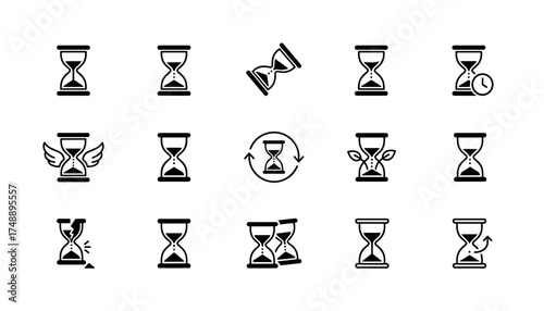 Vector icon set of hourglasses. Sandglass collection for time management, deadline, history, and countdown concepts. Includes broken, winged, and reset sand clocks.