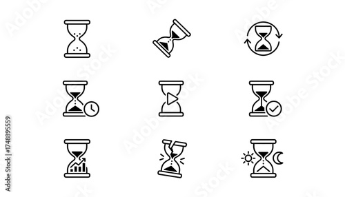 Set of 9 hourglass icons for time management. Countdown timer, passing time, broken hourglass, progress chart, day and night concept. Black line vector symbols for business.