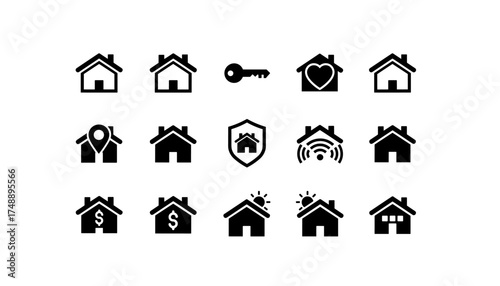 House icon set vector glyph collection for real estate business. Home symbols for property, location, security, smart home, investment, and sale. Flat design pictogram.