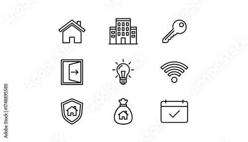 Real estate icon set. Property and housing vector glyphs. Concepts for mortgage, insurance, smart home, utilities, apartment rental, booking, and home security. Line art.