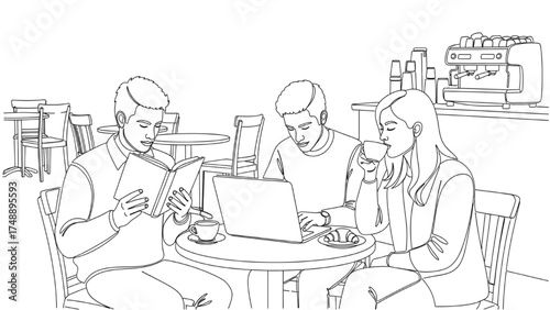 Minimalist Continuous Line Art Vector of People at a Café – Reading, Working on Laptop, and Coffee Icons Representing Daily Social Life
