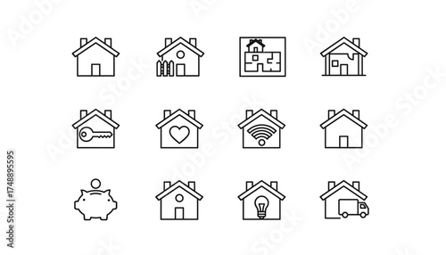 House icon set for real estate business. Home line icons collection. Property investment, mortgage, and savings concepts. Vector symbols for smart home, moving, and renovation.