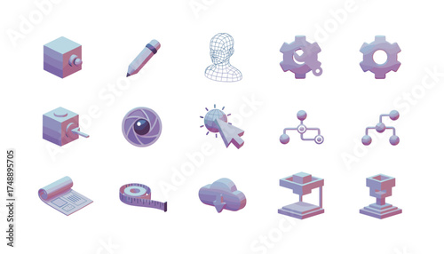 3D modeling icon set for software interface. Vector illustration collection for design, prototyping, and engineering. Includes CAD tools, 3D printer, and rendering symbols.