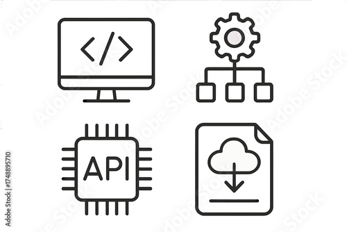 API icon set. Application programming interface. Software development, web integration, data connection. Technology, code, system, workflow, cloud computing. Vector line icons.