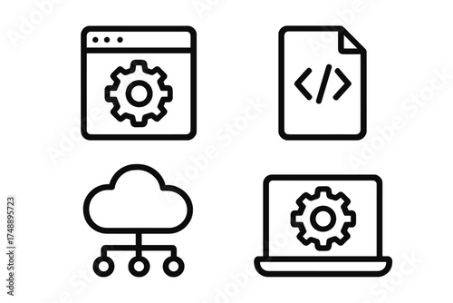 API icon set for application programming interface. Software integration and development symbols. Code, cloud computing, and web service for connection and data exchange.