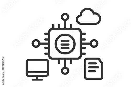 API icon. Application Programming Interface for software development. System integration, data exchange, connection. Microchip processor connecting cloud, computer, and documents.