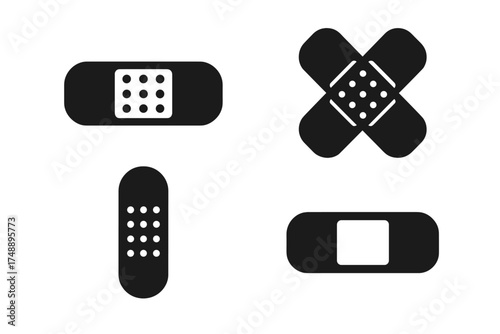Adhesive bandage plaster icon set. Medical first aid patch for wound care. Health care vector symbol collection in flat black design. Sticky tape and cross plaster shapes.