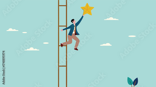 success ladder to reach goal and target, climb up ladder to get new hope, journey to achieve hope of success in business, hope of career development progress, businessman climb ladder to get gold star