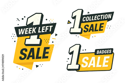Sale countdown badges collection. Number 1, one week left promotional sticker set. Final sale graphic for landing page, web banner. Vector illustration for marketing.
