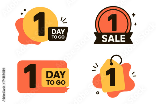 One day to go countdown timer collection. Number 1 sale badges for landing page banner. Last day offer sticker set. Promotional marketing label and tag vector illustration.