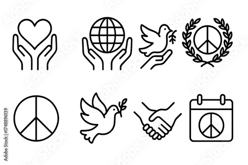 Peace and harmony line icon set. No war, freedom, love concepts. Vector collection with dove, olive branch, handshake, heart, globe. Unity and support symbols illustration.