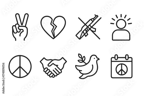 Peace and no war icon set. Line art collection with dove, olive branch, handshake, and peace sign. Vector symbols for harmony, freedom, and anti-violence concepts.
