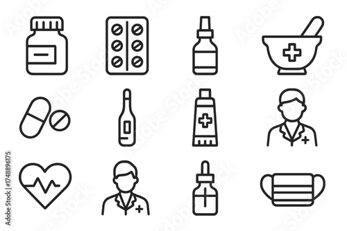 Pharmacy and medicine line icon set. Medical preparations, drugstore equipment, drug, pills, health, pharmacist, masks. Healthcare vector illustration collection symbols.