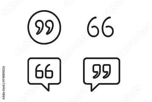 Quotes icon set. Quotation mark symbol for citation, comment, or testimonial. Speech bubble for dialogue and communication. Vector outline graphic illustration for web or print.