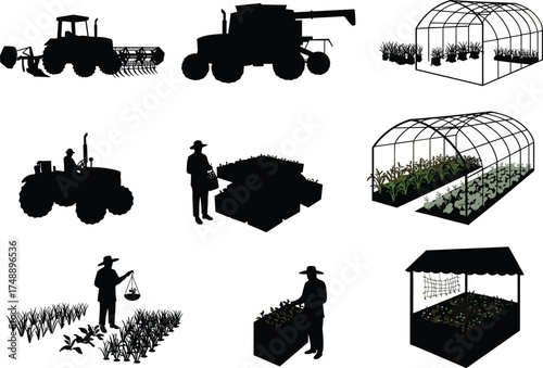 agriculture silhouettes, farming equipment, crop inspection, greenhouse structure, tractor with seed drill, produce crates, market stall, black vector, rural activity