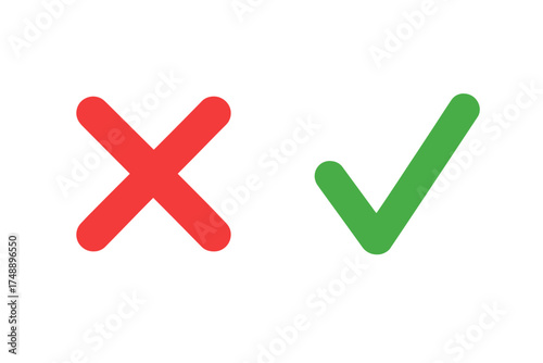 Vector set of red cross and green tick icons. Yes and no, right and wrong check marks. Correct and incorrect answer symbols for web, apps. Flat graphic design element isolated.