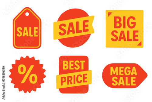 Sale tag special offer. Big sale discount. Best price mega sale banner. Shop online shopping sticker. Badge coupon store. Vector icon set. Promotion label design element.