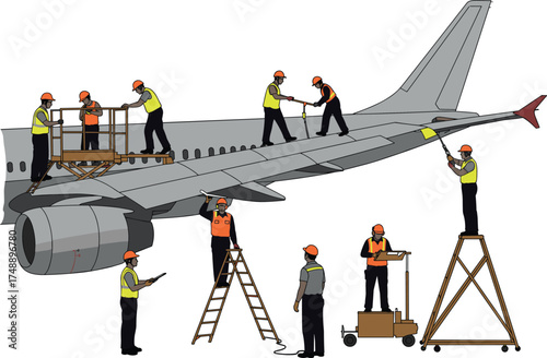 Aircraft maintenance silhouette, airplane inspection crew, aviation safety, ground support workers, ladder and platform, black vector illustration, teamwork in aviation operations