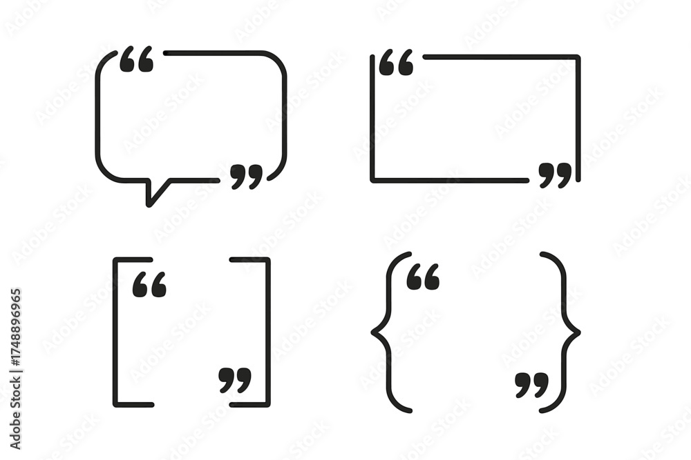 Obraz premium Creative text brackets and quote box vector icons, speech bubble quotes, quotation marks design, dialog and messaging frames, transparent banner illustration for communication