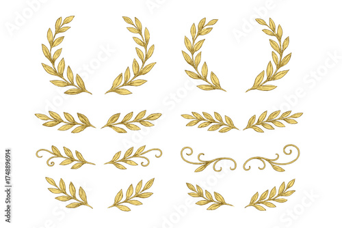 Set of gold laurel wreaths and branches. Hand drawn vintage vector decorative elements. Golden leaves, swirls, and ornate dividers for award, certificate or elegant design.