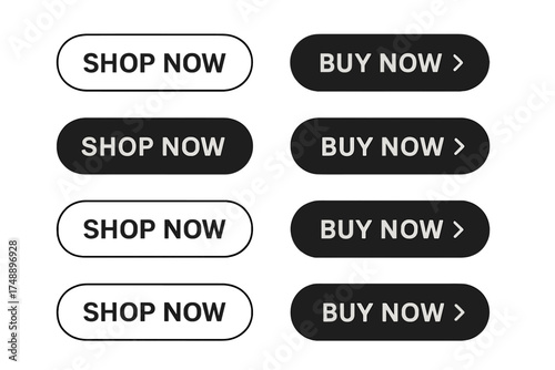 Shop now and buy now button set. Modern vector collection for website and online store. Call to action element for e-commerce. UI design purchase icons. Click here.
