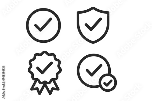 Approved check mark icon set. Quality certificate badge and security shield. Validation, guarantee, and verification symbols. Tick in circle. Line art vector for web design.