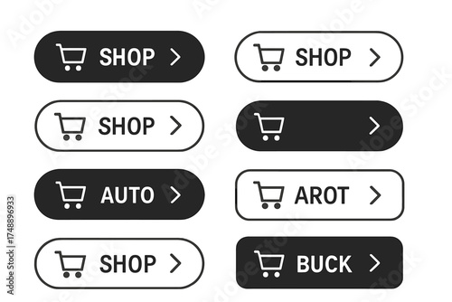 Shop now button collection. Modern vector design for websites. Buy now call to action with shopping cart icon. E-commerce user interface elements. Flat design web buttons.