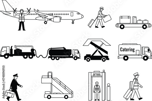 Airport icons, airplane refueling, pilot walking, catering truck, baggage cart, mobile stairs, security checkpoint, travel logistics, ground crew, air transport, aviation scene