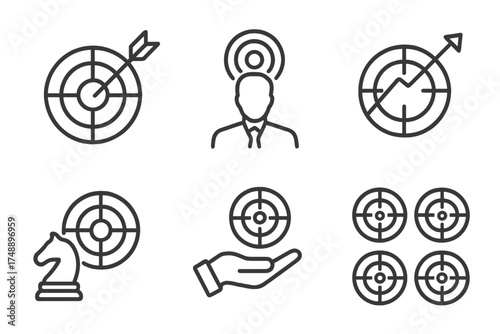Business goals and strategy icon set. Target with arrow, growth chart, chess knight for tactics. Achievement, mission, objective, and solution vector symbols collection.