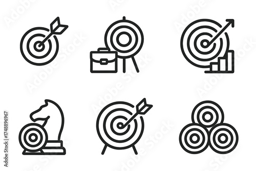 Set of business goal and strategy line icons. Vector illustration collection with target, arrow, bullseye, growth chart, and chess knight for strategic planning concepts.
