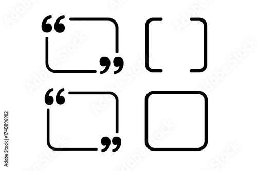 Quote box frame vector set. Text brackets and quotation mark icons for comments. Creative speech bubble for citation. Dialogue and message box for testimonials. Black line art.
