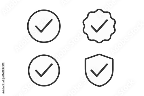 Check mark icon set. Approved symbol collection. Verification badge and certified seal. Quality guarantee checkmark. Security shield logo. Authentic profile sign. Vector outline.