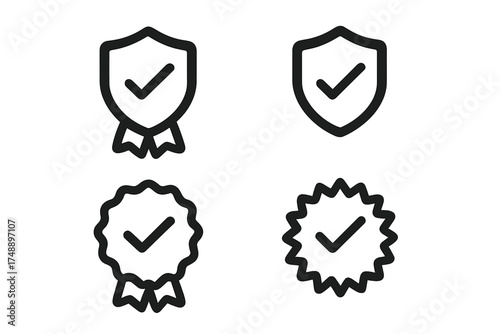 Verification badge check mark icon set. Certified quality, guarantee, and approval symbols. Vector graphic element with shield, award ribbon, and stamp for secure validation.