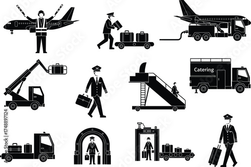 Airport icons, aviation operations, ground crew, pilot walking, airplane refueling, baggage loading, security checkpoint, boarding stairs, catering truck, travel logistics, air transport