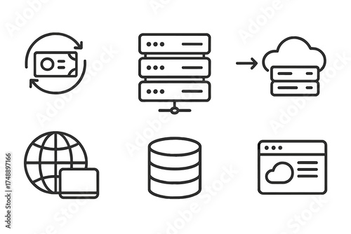 Web Hosting icons set in modern line style, including backup, server, data transfer, domain, cloud storage, database, and website interface symbols. Vector illustration pack.