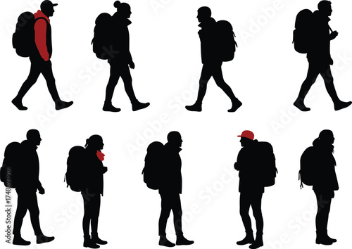 Backpacker silhouettes, walking and standing poses, travel gear vector, black icons, red highlights, hiking posture study, outdoor activity, urban mobility concept