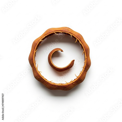 An organic, graphic symbol made from a dried plant pod, showcasing a spiral curl within a textured circle against a clean white backdrop